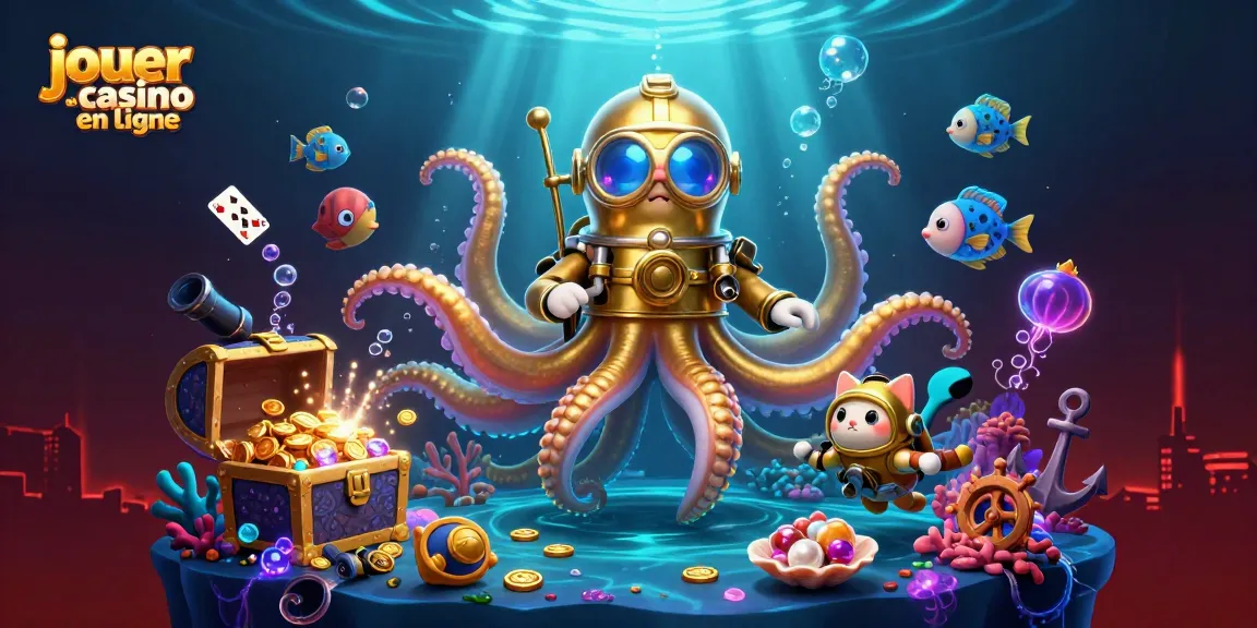Jouer au casino en ligne avec un kraken géant et un chat plongeur dans une scène sous-marine riche en trésors.