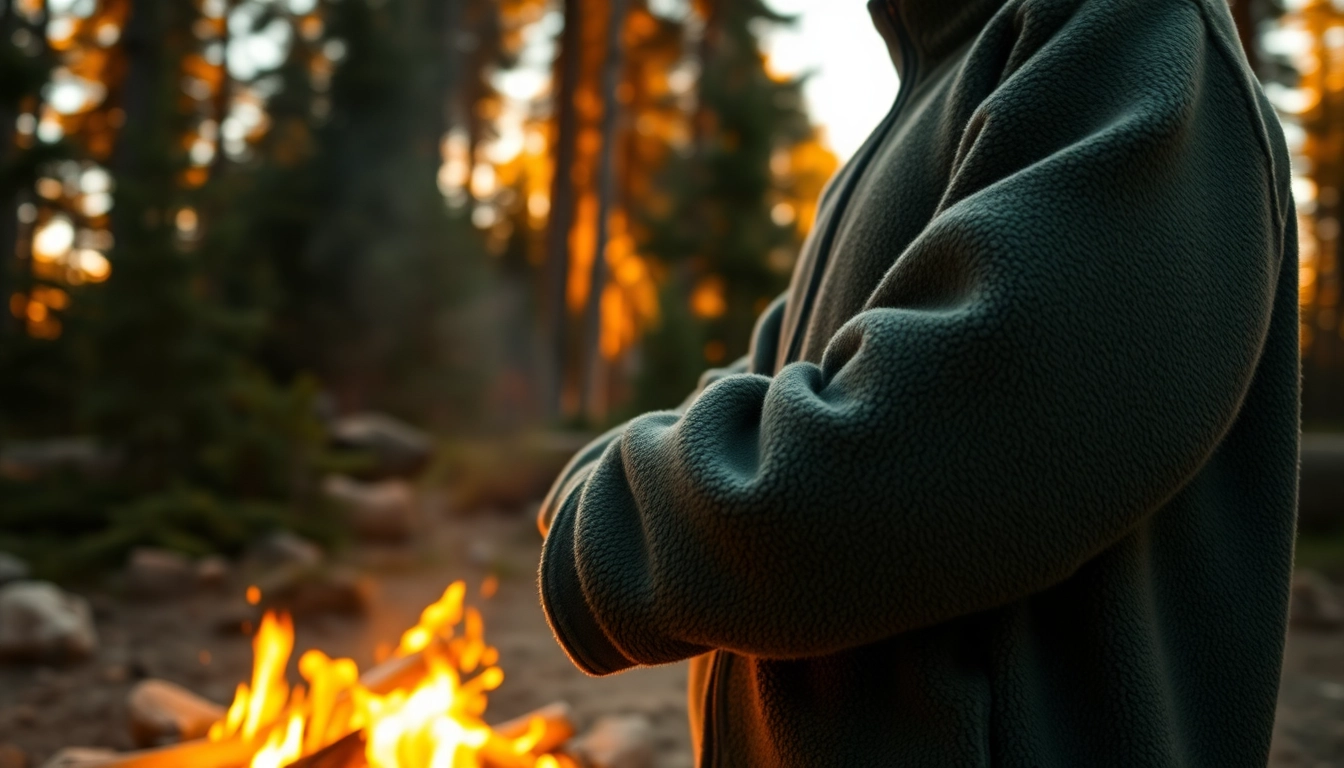 Fleece jack beleefd bij een kampvuur in een rustieke buitenomgeving met bomen.