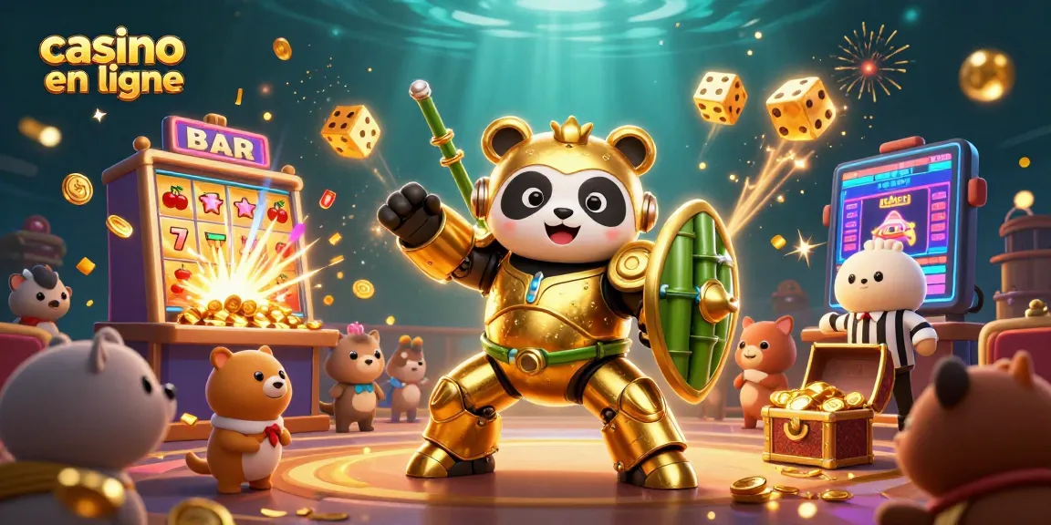 Vivez l'énergie du casino en ligne avec un panda doré pilotant un robot dans une bataille dynamique.