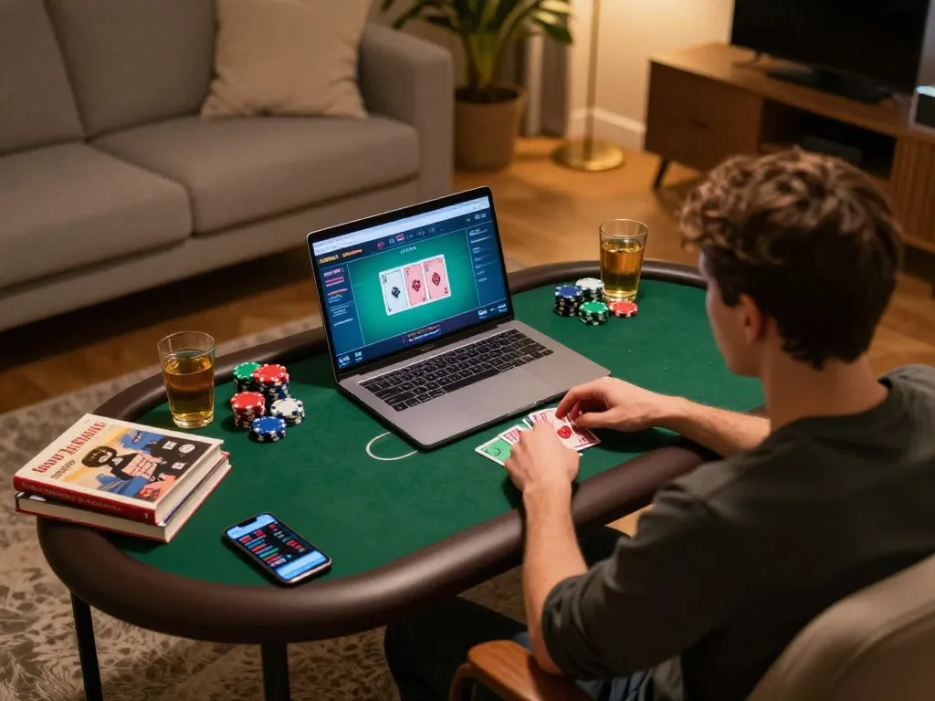 F168 online poker session with player engaged in strategy, cozy home setup.