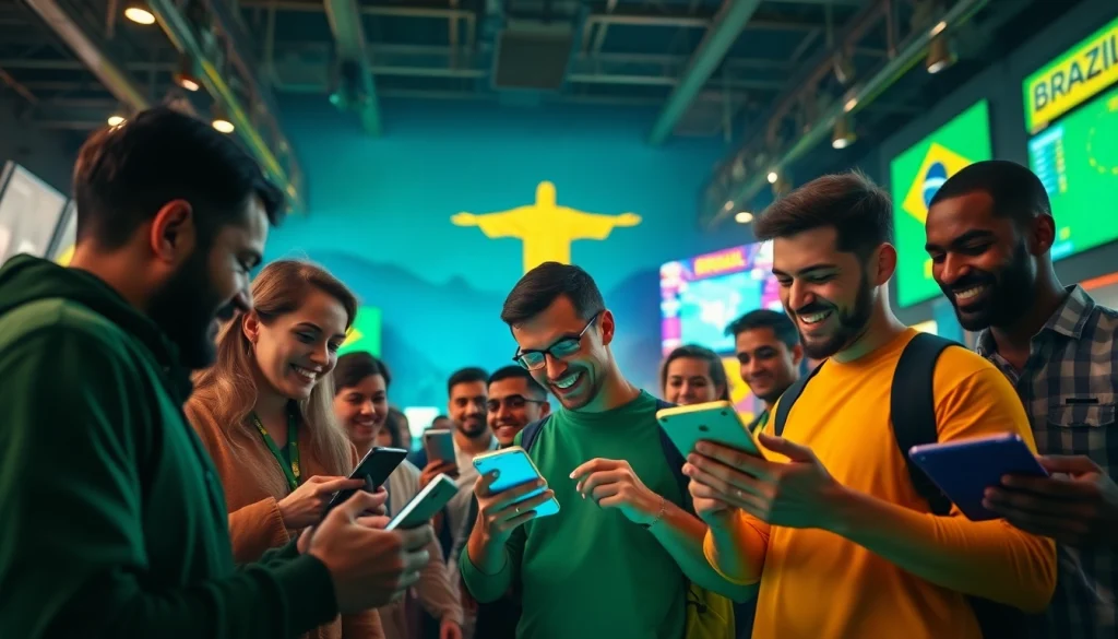 Enthusiastic bettors engaged with the best sportsbooks in Brazil in a vibrant, Brazilian setting.