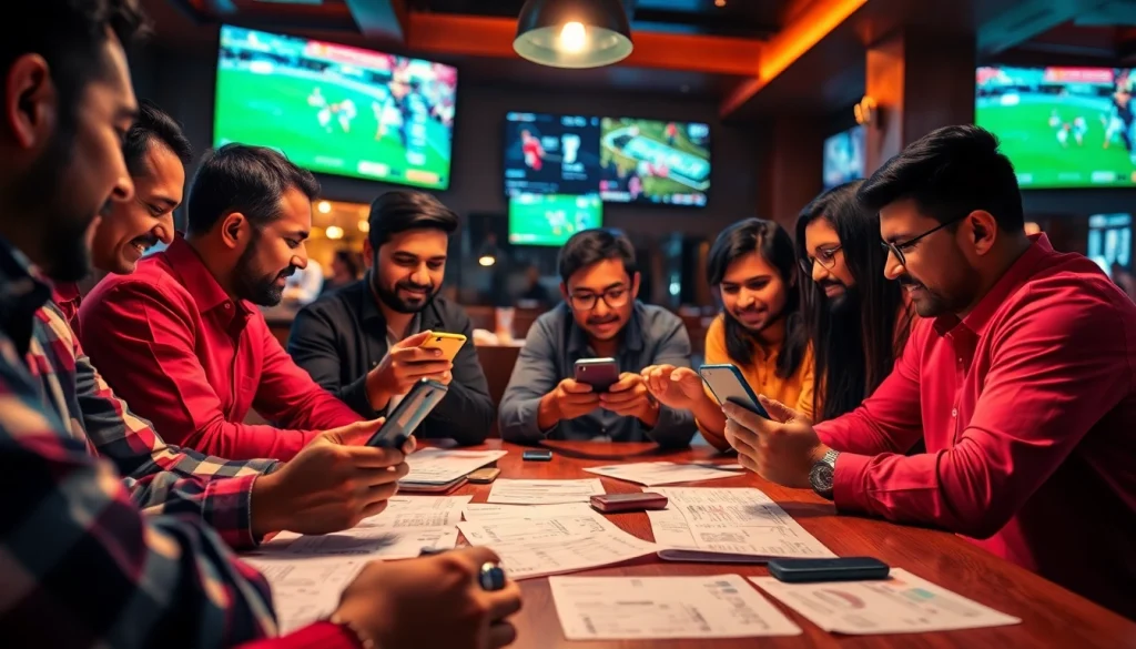 Engaged bettors enjoying sports betting in India, analyzing odds on mobile apps in an energetic sports bar setting.