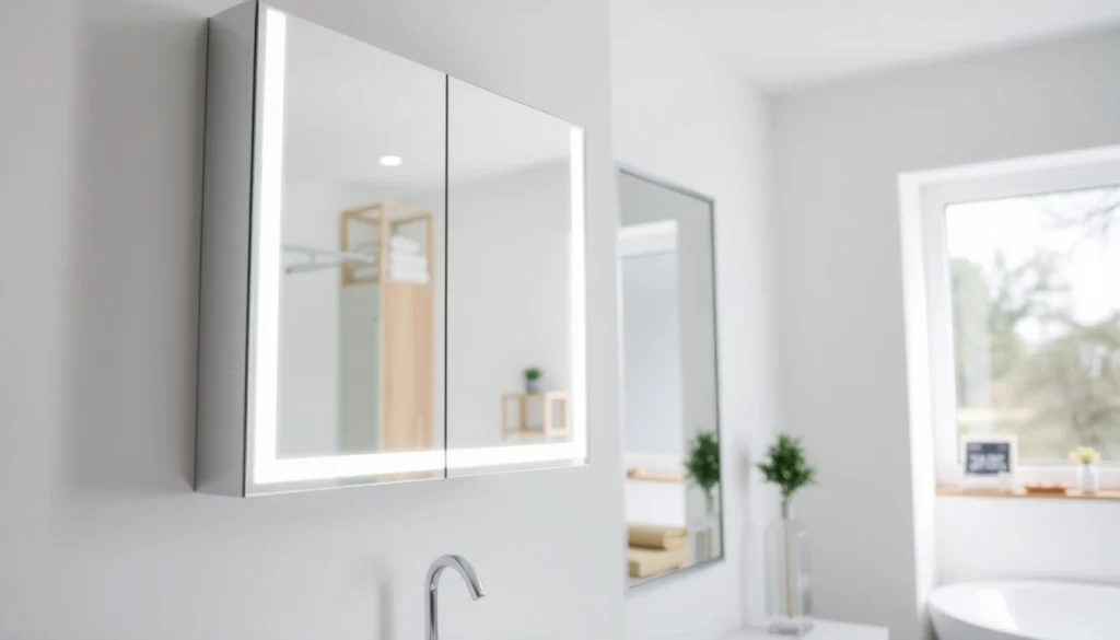 Spiegelschrank mit LED Beleuchtung in modernem Badezimmer, funktional und stilvoll.