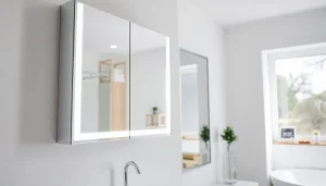 Spiegelschrank mit LED Beleuchtung in modernem Badezimmer, funktional und stilvoll.