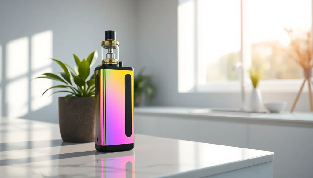 Elfbar in naher Ansicht auf einem Marmor-Tisch, umgeben von Pflanzen und natürlichem Licht.