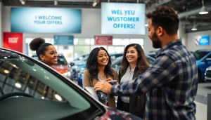 Buy a car with confidence at a welcoming dealership featuring vibrant vehicles and happy customers.