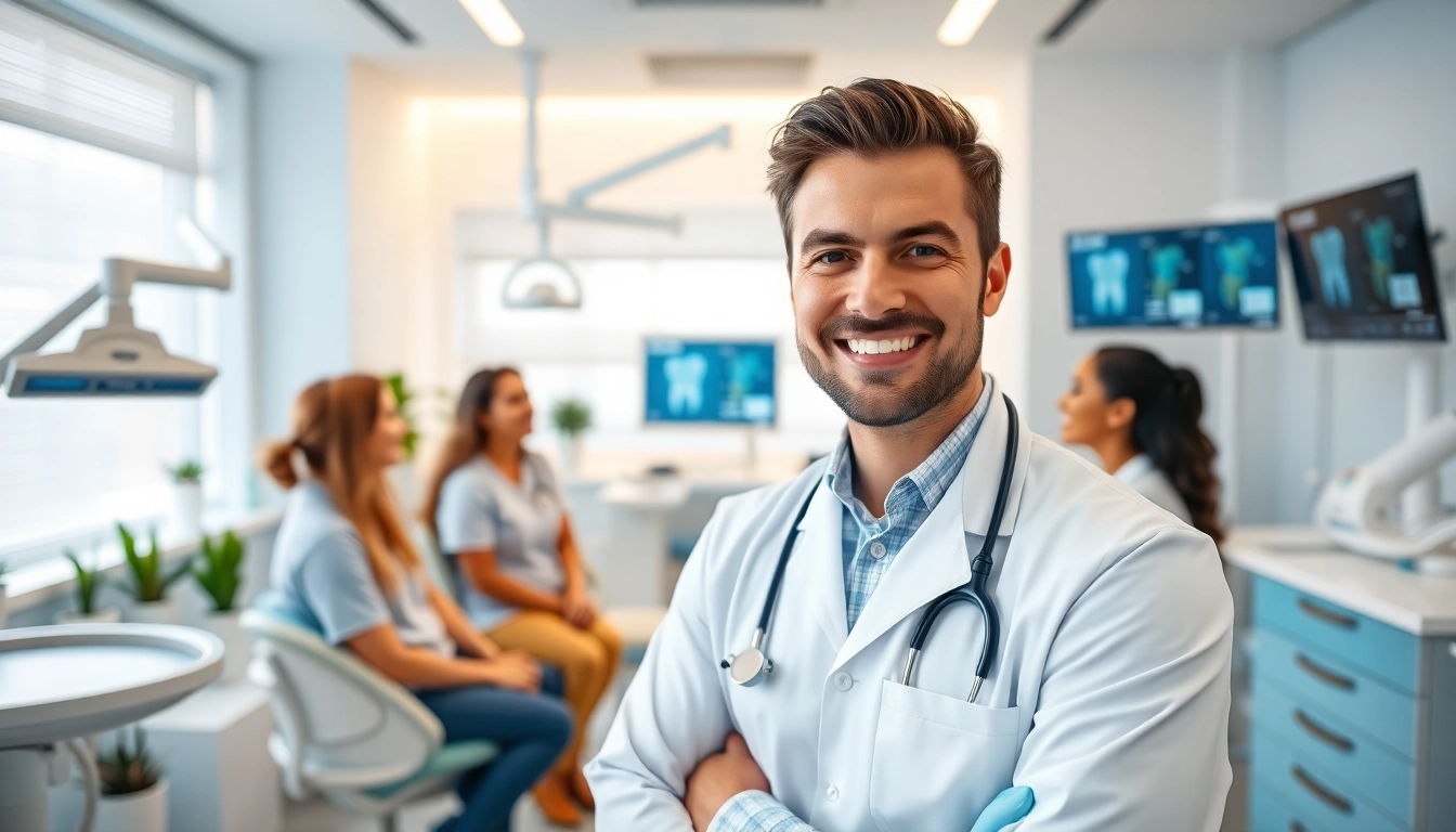 Dentist smiling in a modern dental clinic, showcasing care and expertise.
