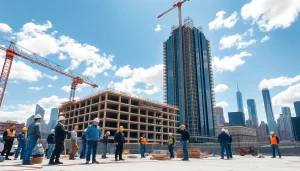 Engaged team of New York City General Contractor professionals collaborating on a skyscraper project.