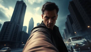Exploring intense scenes similar to reacher series with a heroic protagonist in a dramatic urban setting.