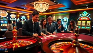 Exciting casino scene featuring nhà cái ta88 with poker tables, vibrant roulette wheels, and glowing slot machines.