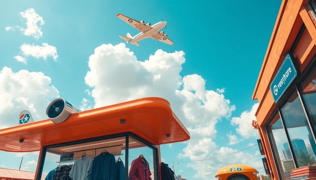 FLY88 aviation-inspired apparel showcased in a vibrant outdoor setting with a vintage airplane.