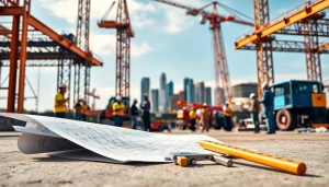 Highlighting Austin construction, a bustling site with diverse workers and urban skyline.