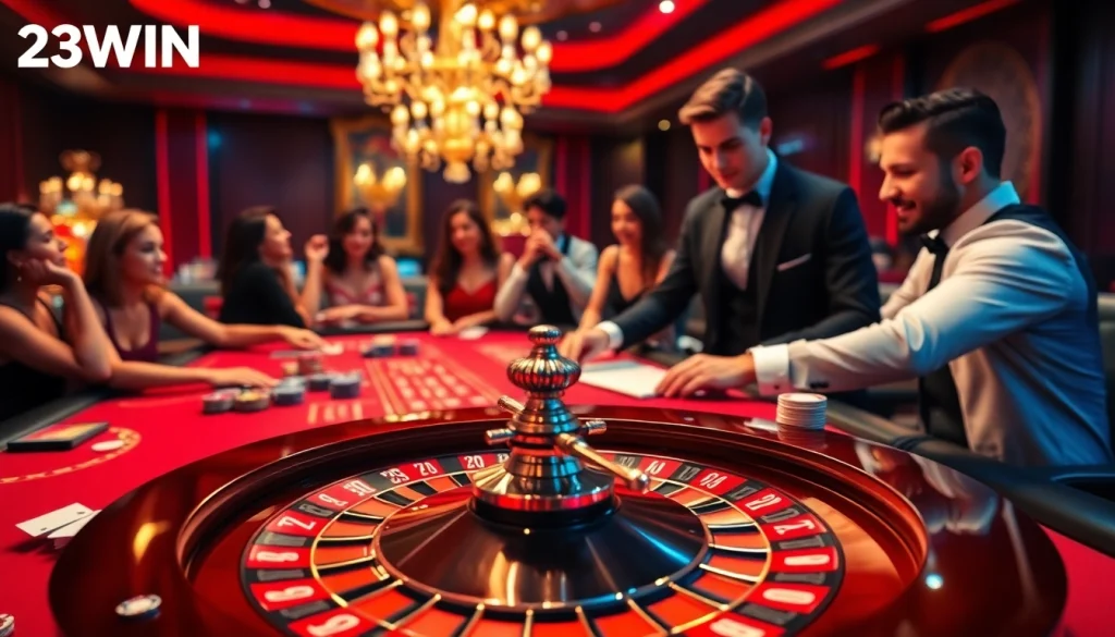 A casino scene showcasing high-stakes excitement on the homepage of 23WIN, featuring a roulette wheel and poker setup.