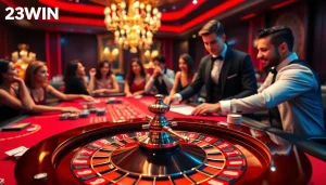 A casino scene showcasing high-stakes excitement on the homepage of 23WIN, featuring a roulette wheel and poker setup.