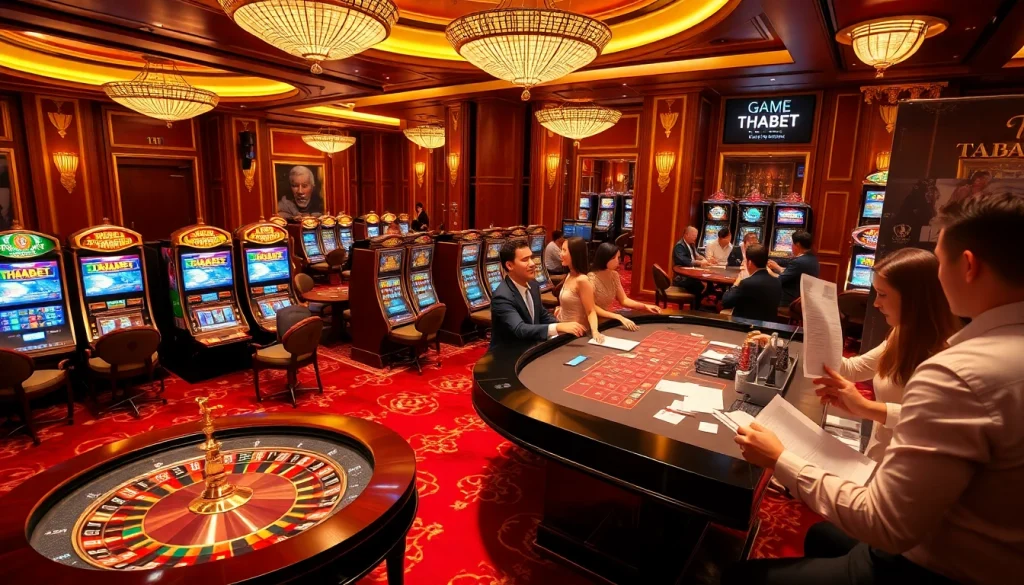 Players enjoying Game THABET at a luxury casino filled with vibrant slot machines and roulette tables.