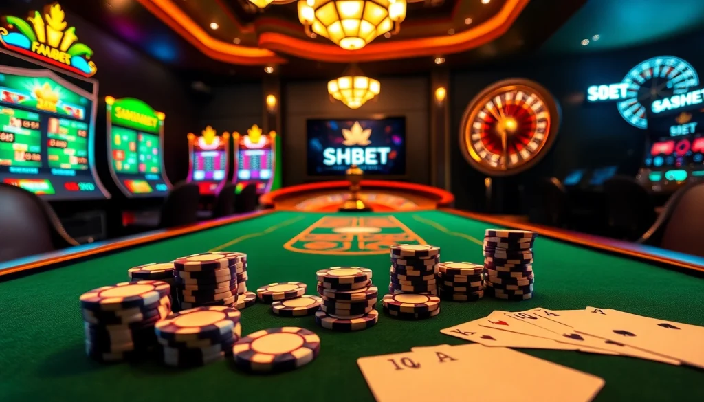 Experience high-stakes betting at SHBET.law with a dynamic casino scene featuring poker tables and vibrant slot machines.