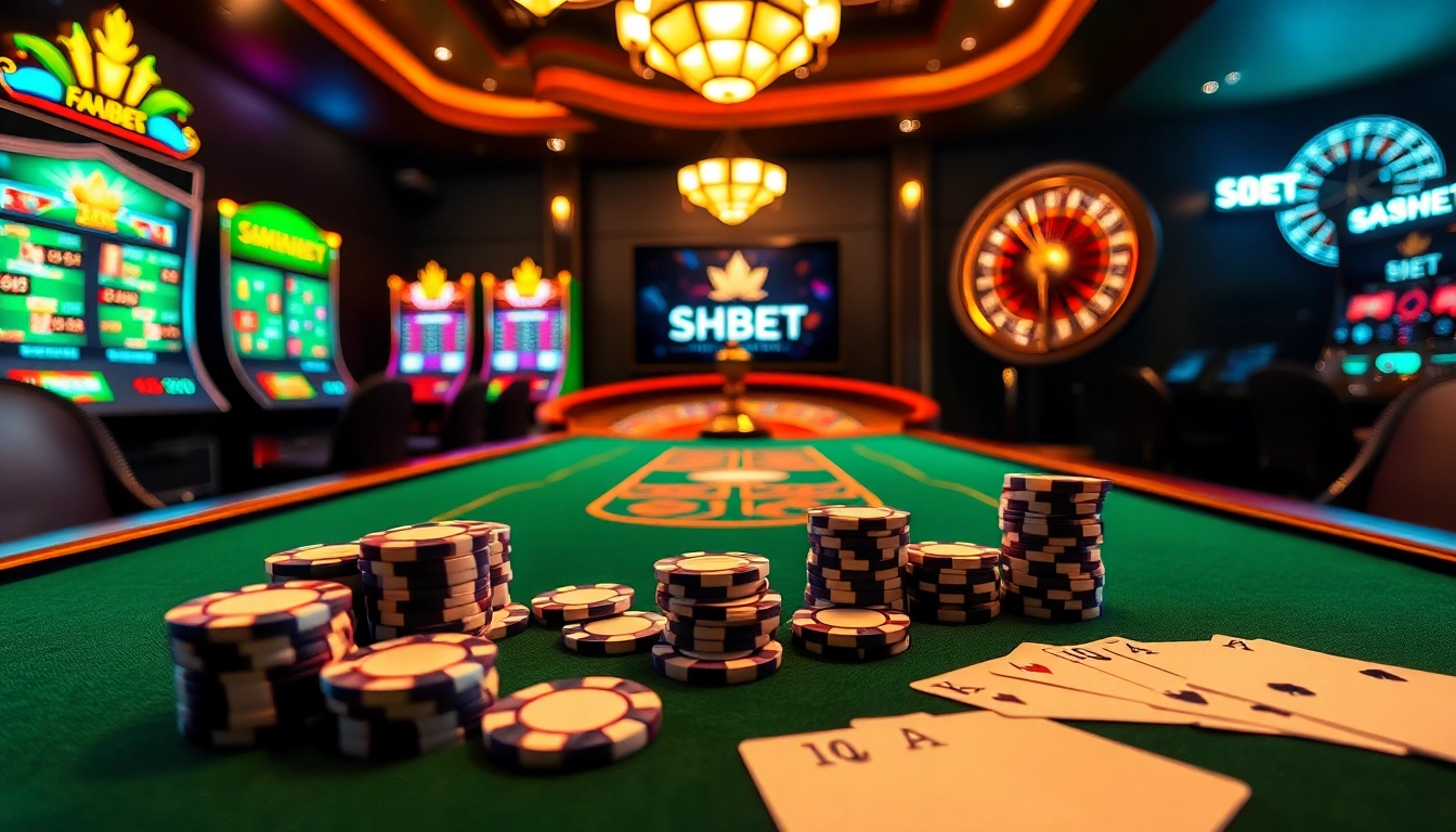 Experience high-stakes betting at SHBET.law with a dynamic casino scene featuring poker tables and vibrant slot machines.
