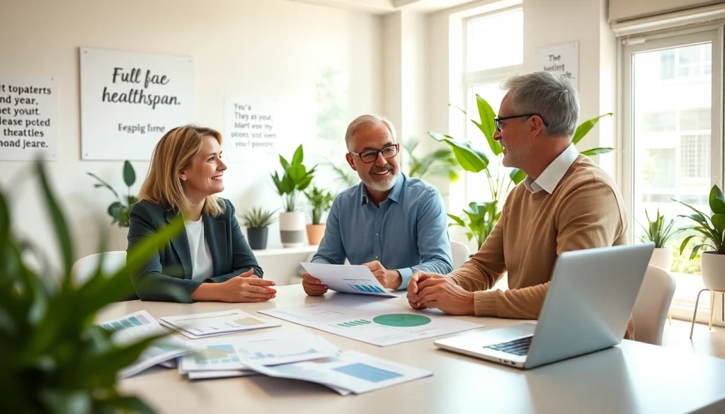 Engaged clients discussing healthspan strategies with a wellness coach in an inviting office.