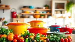 Display of Le Creuset NZ cookware with fresh ingredients, showcasing vibrant colors and inviting kitchen setting.