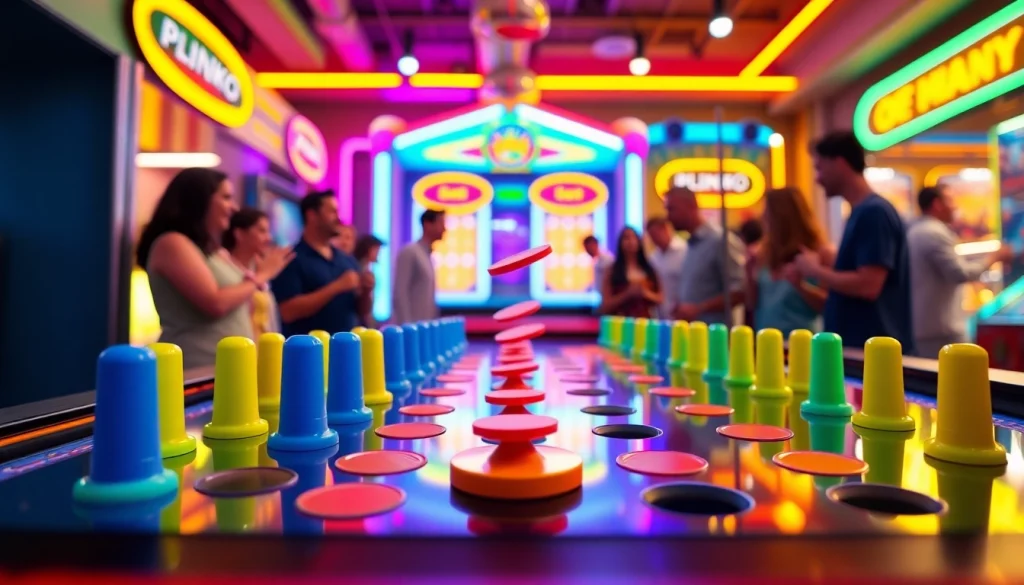 Mainkan plinko demo dengan disk berwarna cerah jatuh melalui paku yang meriah.