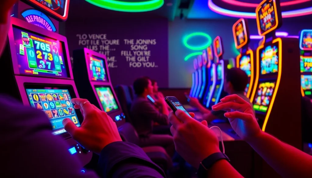 Permainan slot depo pulsa yang menarik dengan pemain menggunakan smartphone di lingkungan yang energik.