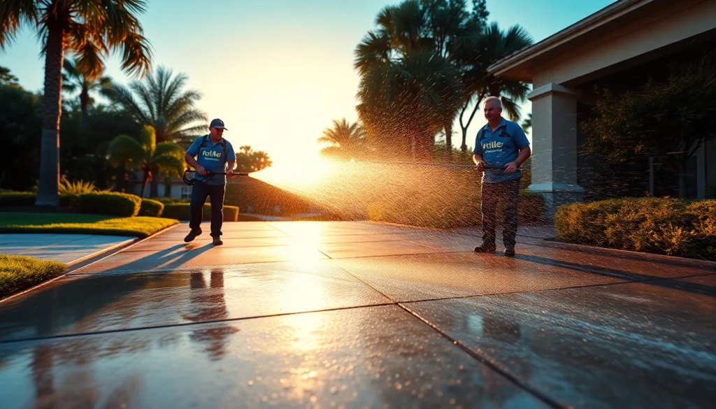 Concrete cleaning in Kissimmee, FL by professional team using a pressure washer.