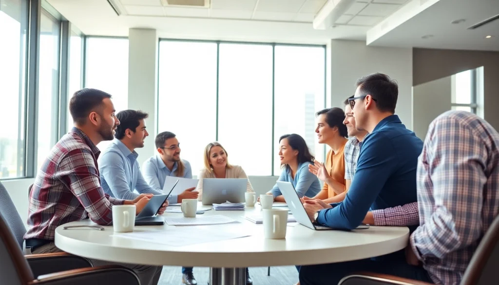 Engaged members of the southern california contractors association collaborating in a modern conference room.