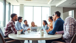 Engaged members of the southern california contractors association collaborating in a modern conference room.