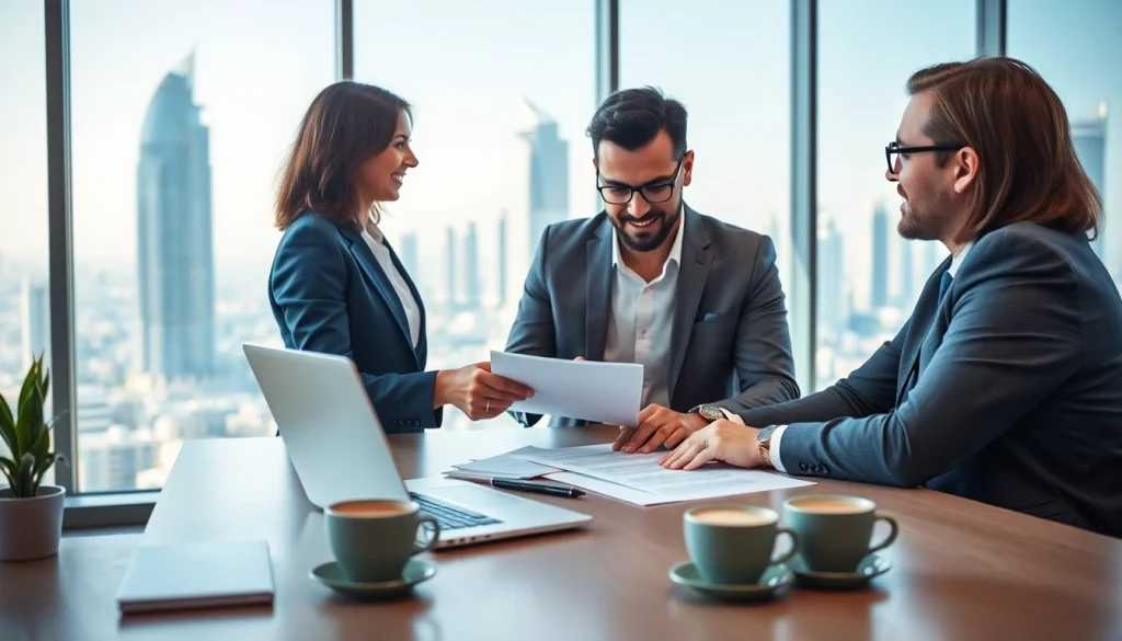 Engaging business consultants in Dubai discuss strategies in a modern office.