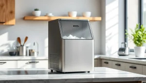 Compact ice maker producing fresh ice cubes in a stylish kitchen environment