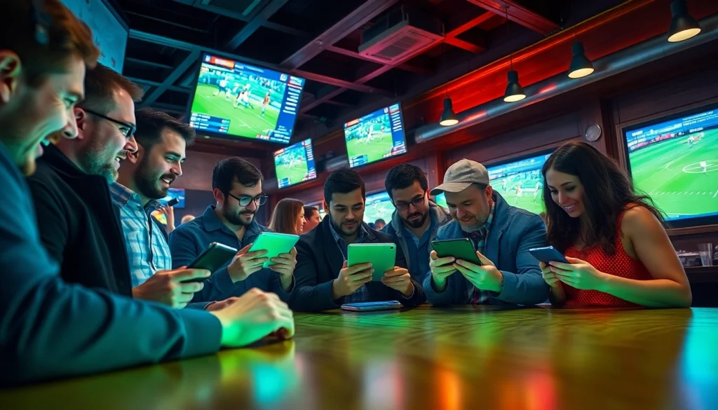 Engaged bettors at sportsbooks in Georgia analyzing odds and games in a vibrant sports bar setting.