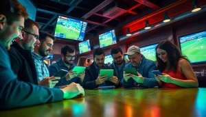 Engaged bettors at sportsbooks in Georgia analyzing odds and games in a vibrant sports bar setting.