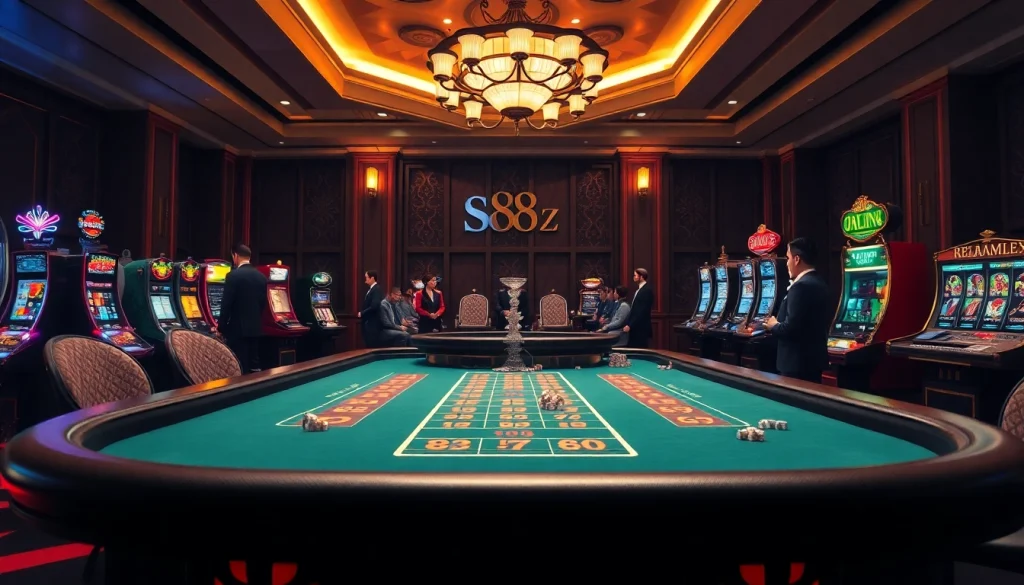 Experience the thrill of s88 bet with an elegant casino scene showcasing poker tables and illuminating slot machines.