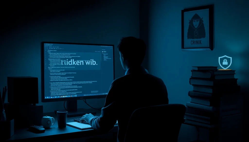 Person exploring the hidden wiki dark web safely on a computer in a dimly lit room.