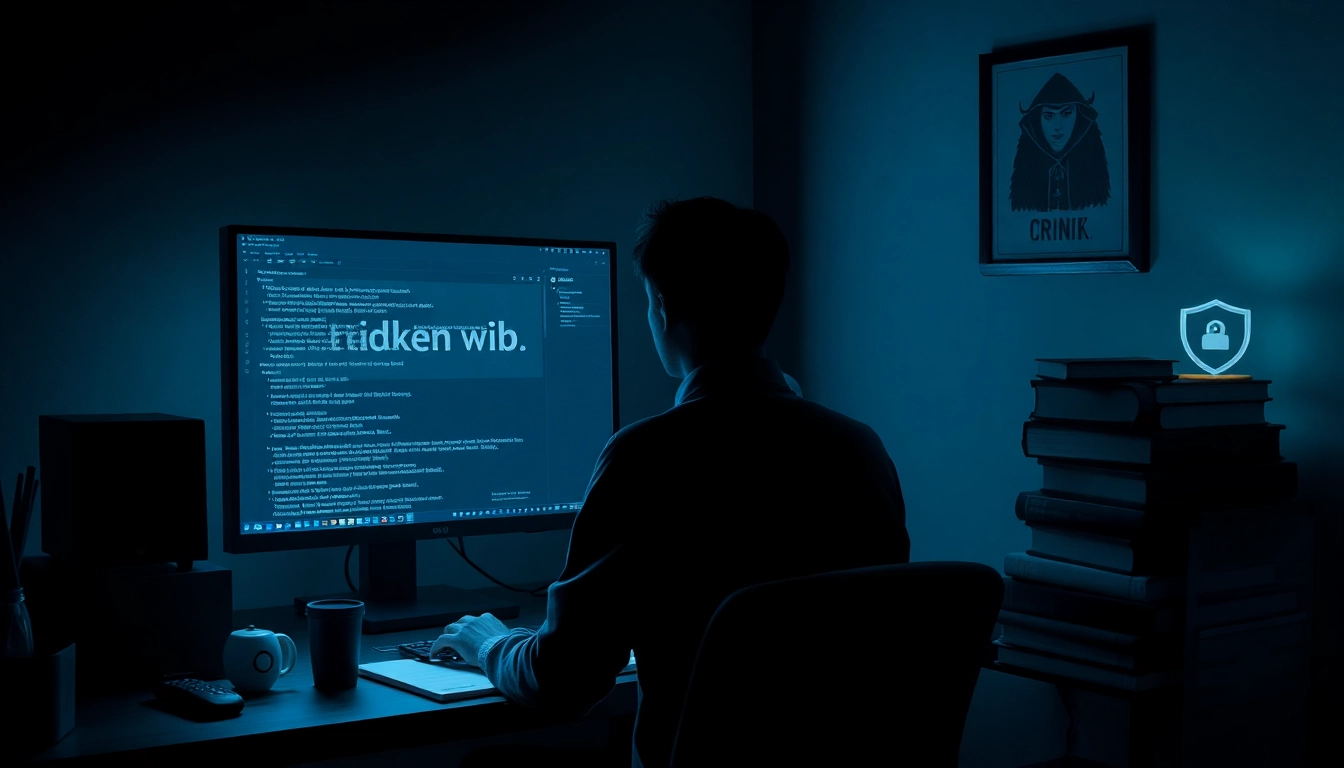 Person exploring the hidden wiki dark web safely on a computer in a dimly lit room.