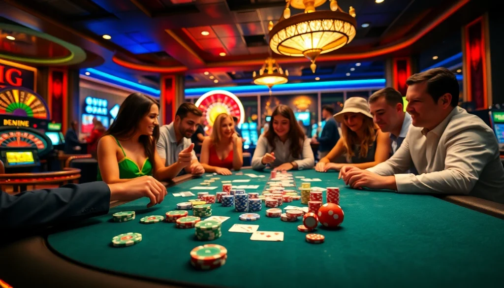 Excited players engaging in poker and roulette at https://okfun.page, showcasing vibrant casino atmosphere.
