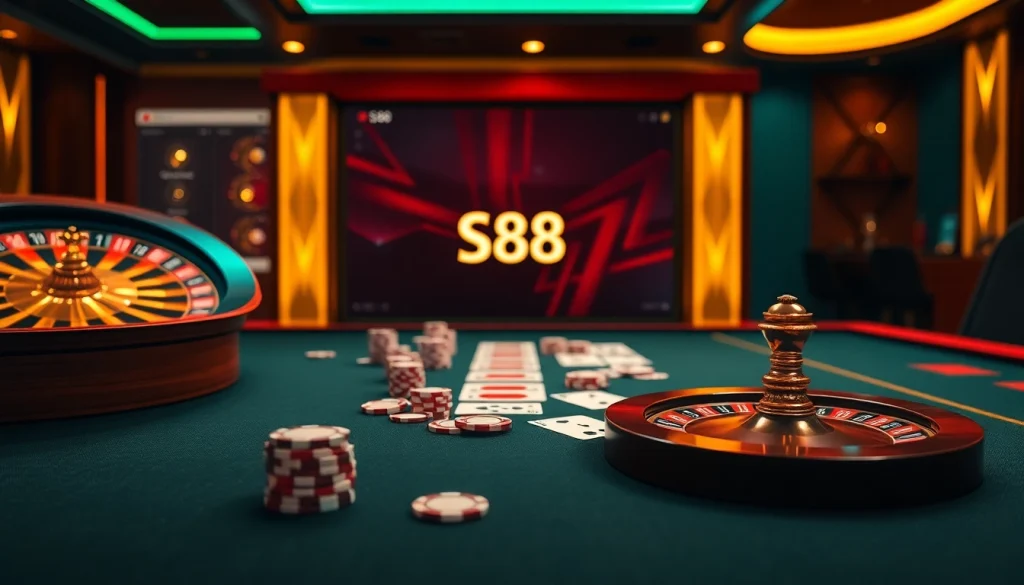 S88 Casino table showcasing exciting gameplay with colorful chips and vibrant cards in a luxurious atmosphere.