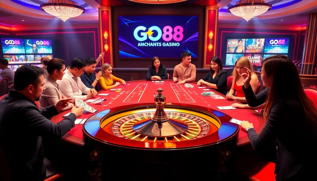 GO88 gaming table offers an exciting casino experience with players and chips in action.