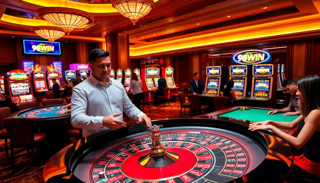 Experience the thrill of gambling at 98WIN's luxurious casino with vibrant tables and exciting games.