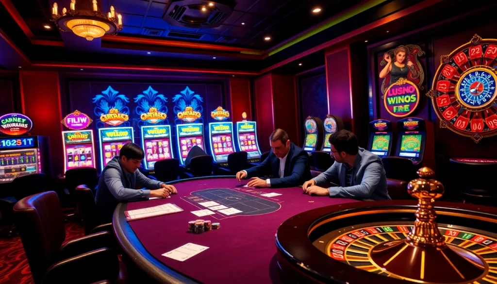 Exciting atmosphere at a casino table highlighting vua99 nhà cái uy tín with poker games and vibrant machines.