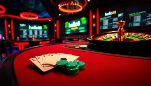 Engaging poker scene highlighting hello88 betting chips and winning cards in a luxury casino.