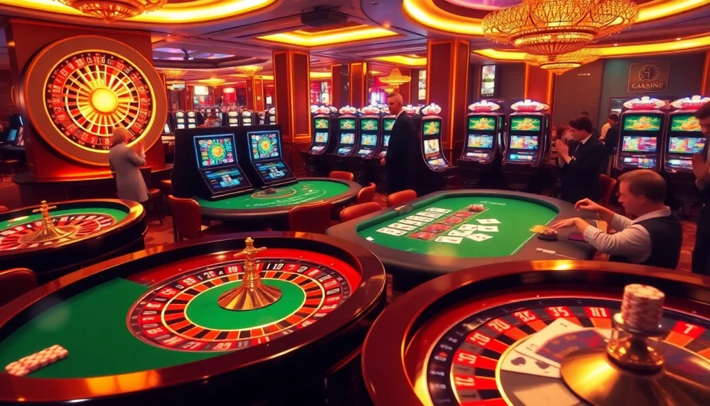 Cảnh chơi đầy cuốn hút với cg79 thể hiện các yếu tố casino sống động như roulette, poker và máy đánh bạc.