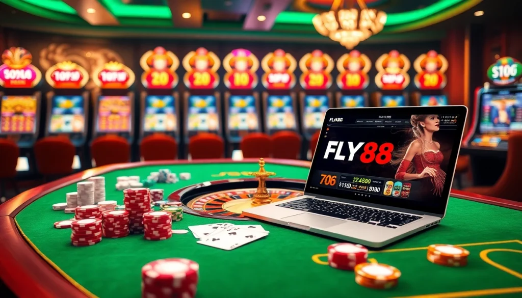 Experience FLY88 đăng nhập action with an elegant casino table and vibrant gaming atmosphere.