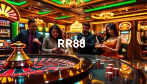 RR88 players engaging with a luxurious casino atmosphere featuring roulette and slot machines.
