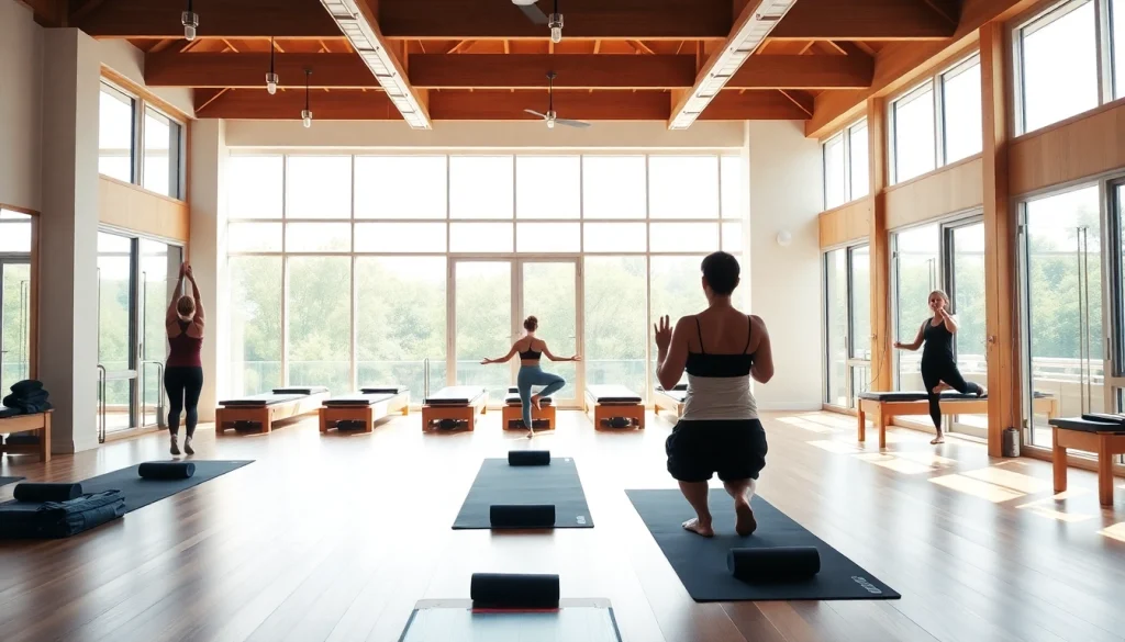 台東区の魅力的なピラティスクラス。モダンなスタジオで多様な参加者が参加している様子。