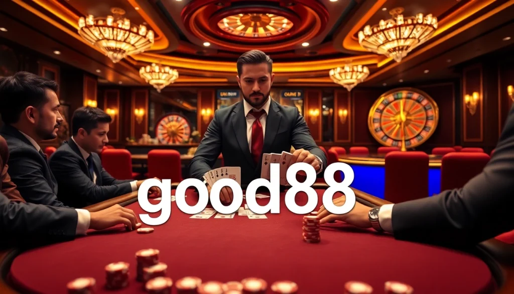 Professional poker players strategizing at a luxury casino table with good88 branding.