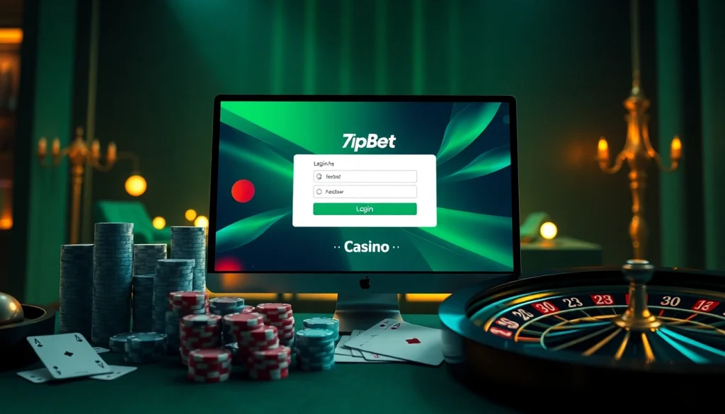 Engaging scene showcasing 7upbet login on a stylish online gambling interface with poker chips.