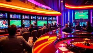 SboBet sports betting action at a luxurious casino setting with dynamic lighting.