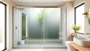 Showcasing elegant glass shower sliding doors enhancing a modern bathroom's aesthetics.