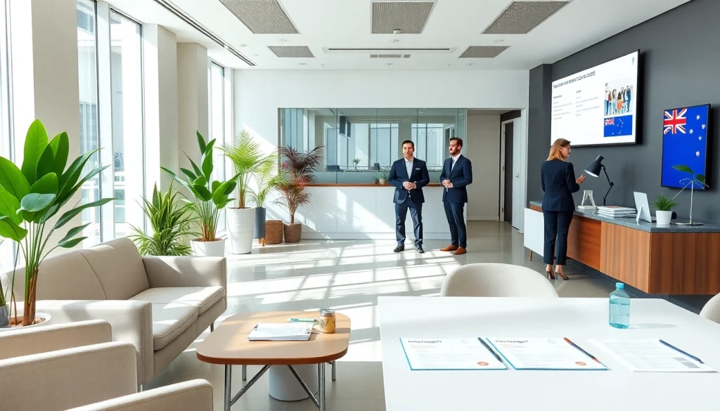 Migration agent Melbourne assisting clients in a modern office.